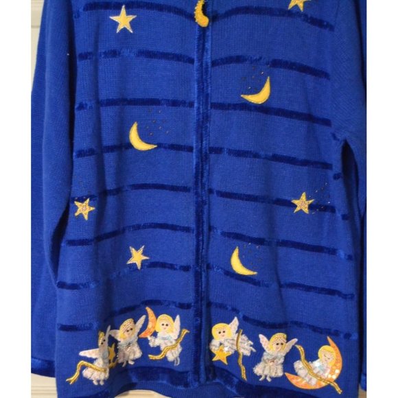 Quacker Factory Sweater Women's Large Blue Knit Moon Stars Angels Embroidery - Picture 3 of 7